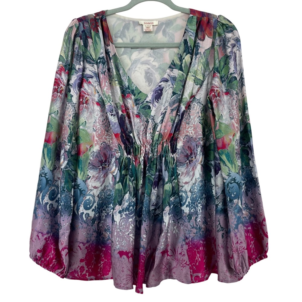 Sundance size Small Silk Peplum Blouse Floral V-Neck Long Sleeve Pink Multicolor